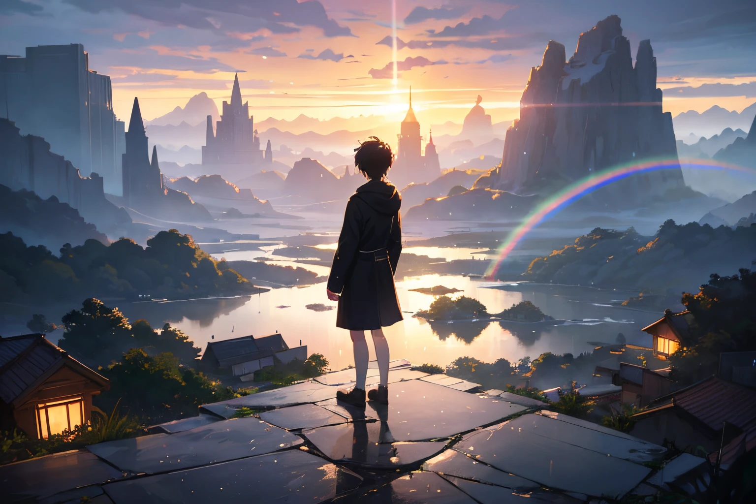 Create exquisite illustrations reminiscent of Makoto Shinkai's style, It has ultra-fine details and top-notch quality. Create a high-quality illustration of a breathtaking scene where the rain has ceased, leaving behind a fantastical rainbow stretching across the entire sky. Envision a young boy or girl gazing up at this mesmerizing display. Infuse the entire artwork with an ethereal and intricate atmosphere, ensuring meticulous attention to detail. The goal is to capture the magical moment when the sky transforms into a canvas of colors after the rain, evoking a sense of wonder and awe