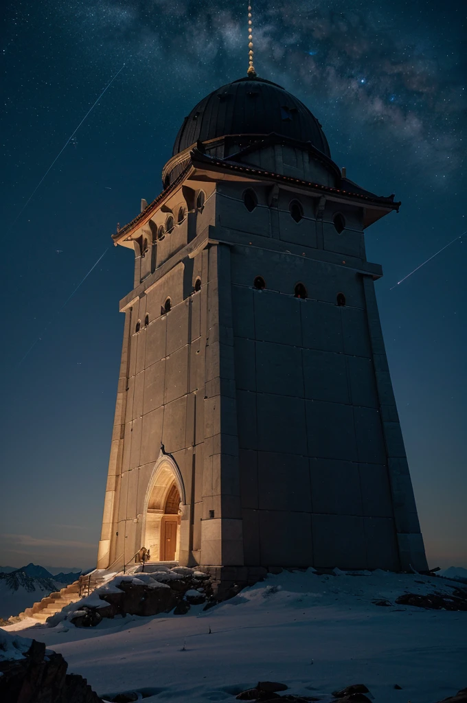 Aetherial Observatory in the Celestial Peaks:

    Location: Perched on the highest mountain peaks where the air is thin and the stars are close.
    Size: A slender tower reaching for the stars.
    Colors: Walls are made of shimmering starlight-infused material, and the roof is a celestial dome that glows softly.
    Prompt: "Create an ethereal scene featuring a wizard's observatory atop celestial peaks. Highlight the tower's connection to the night sky, with walls infused with starlight and a dome-shaped roof radiating a soft celestial glow."