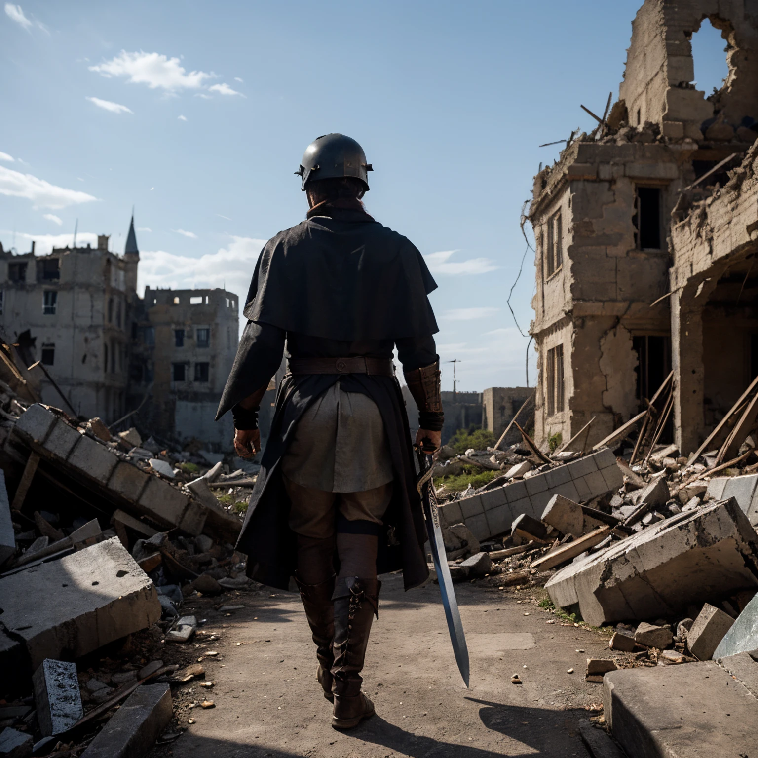 A dark marauder, wearing fur armor, a cloak, a helmet covering his face, and holding a large sword in his hand. He is walking away from a destroyed castle with a dead dragon in the background