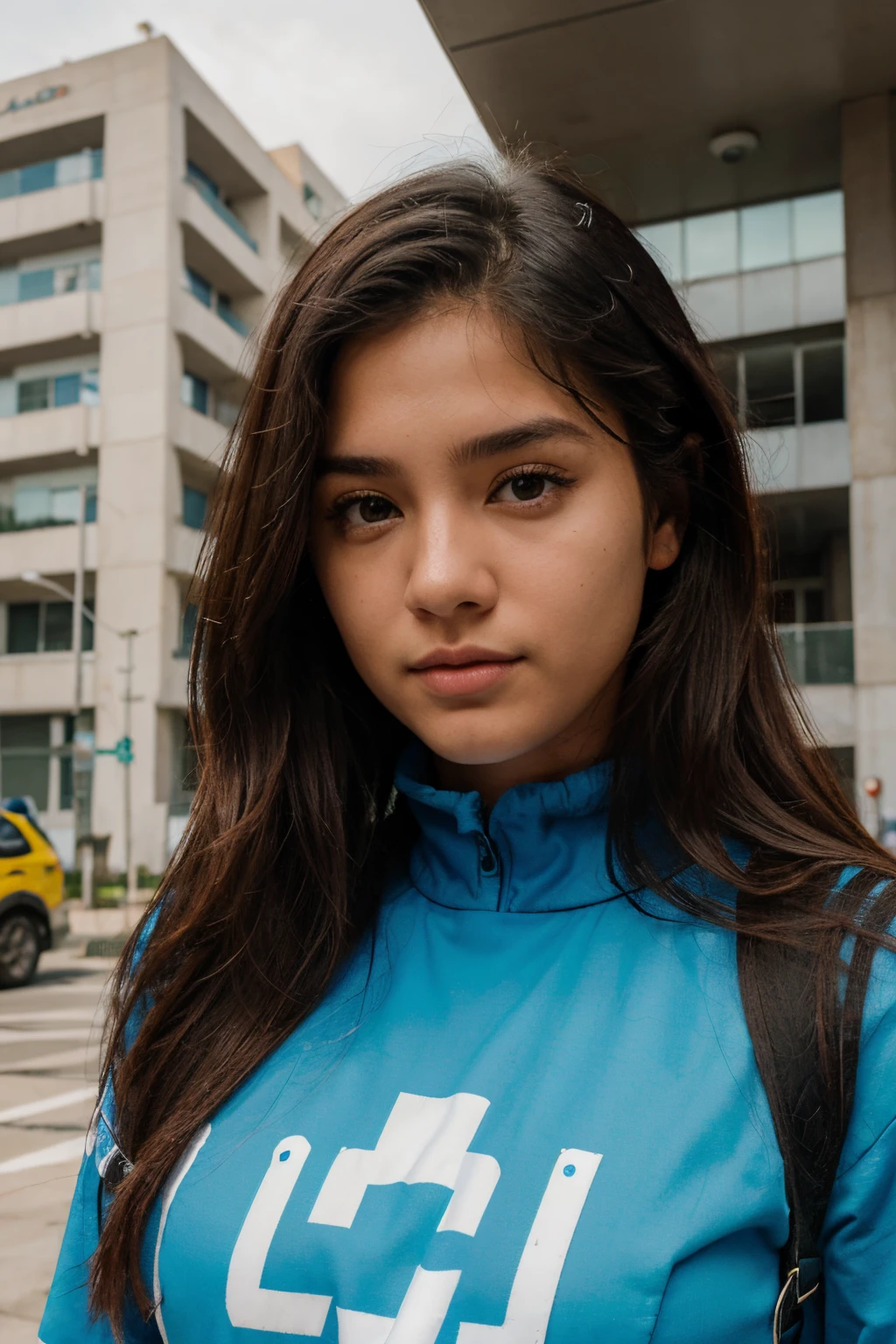 ((La mejor calidad, Obra maestra, absurda) , Superchica , 19 years old,cabello largo y rubio, cabello voluminoso, cabello suelto, ojos azules expresivos,pechos enormes, Uniforme escolar coreano Supergirl terraza de un edificio, Vista de otros edificios ,tag
