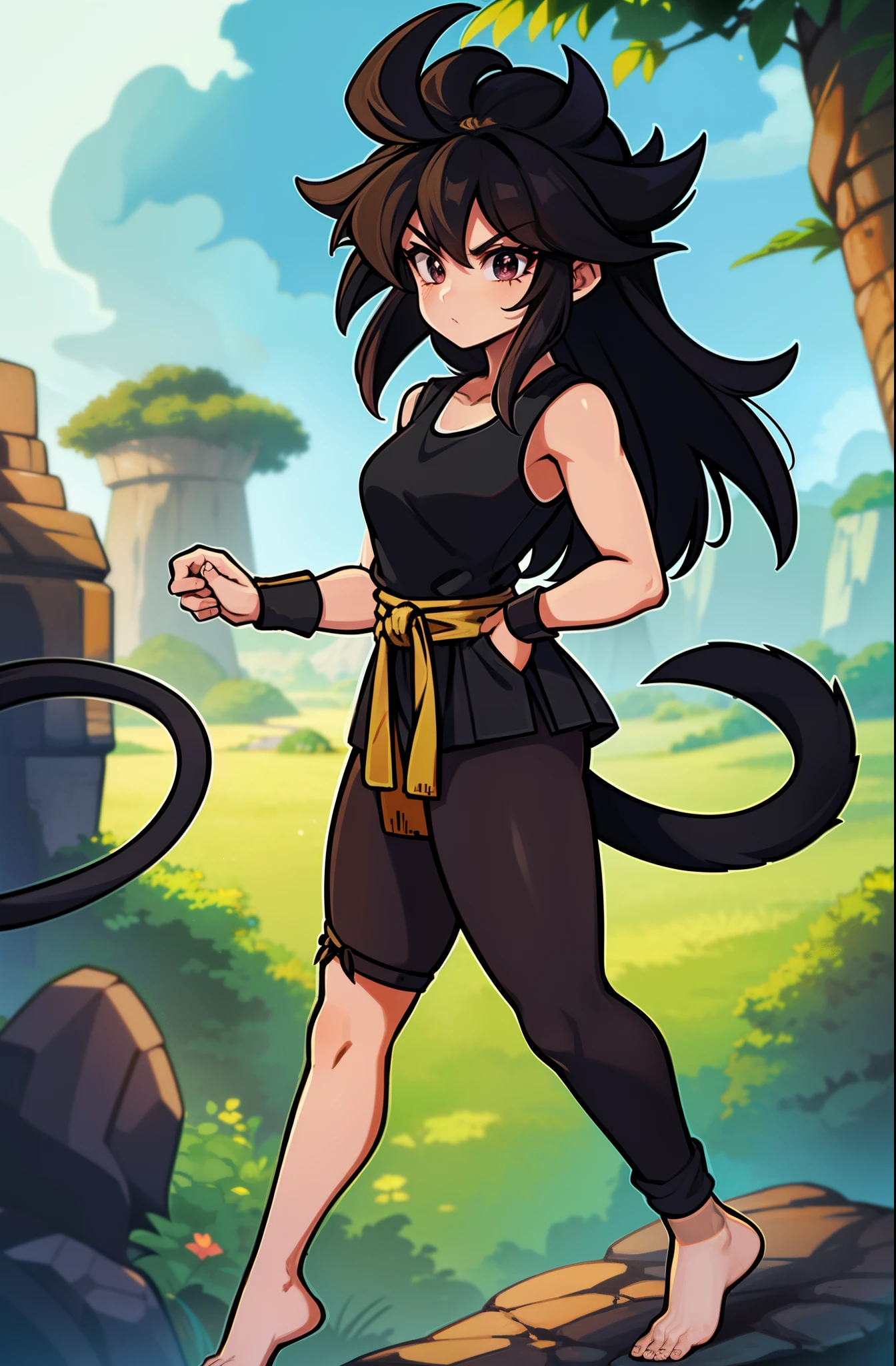 (masterpiece, best quality, detailed face, detailed eyes), black eyes, 1girl, Saiyaness, 1girl, Saiyan monkey tail, black hair, long wild spiky hair, Shoulder less Gi, brown sash belt, very dark brown short tights, very dark brown wrist bands, small tufts of fur on top of feet, barefoot, (side view), Saiyaness, a cartoon character with black hair, lashing Saiyan monkey tail, Saiyaness with a monkey tail, hair tied, long wild spiky hair, hair over shoulders, mane of hair down back, (walking in a jungle like paradise)