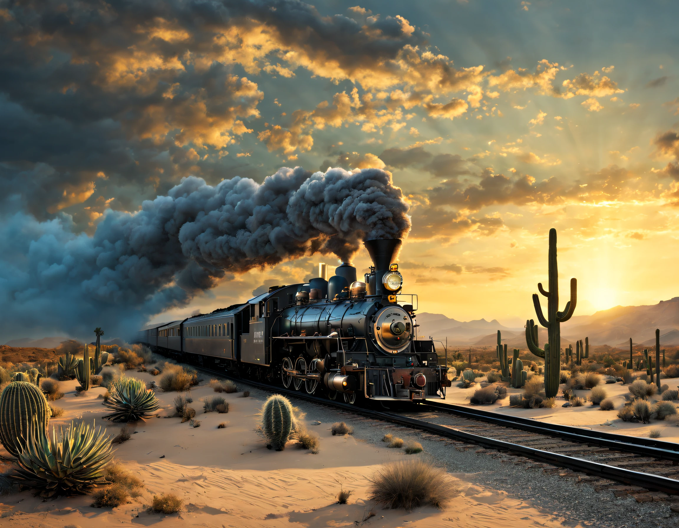 a steam train，Driving alone on a desert railway，the setting sun，cacti，delicate picture，sad atmosphere