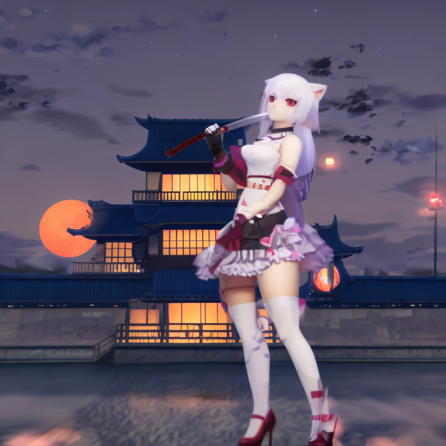 Anime girl in a white dress holding a sword, White Cat Girl, Very Beautiful Anime Cat Girl, azur lane style, fox nobushi, anime styled 3d, lunar themed attire, Nekomimi, white ( Cat ) girl, from the azur lane videogame, nightcore, Anime style. 8K