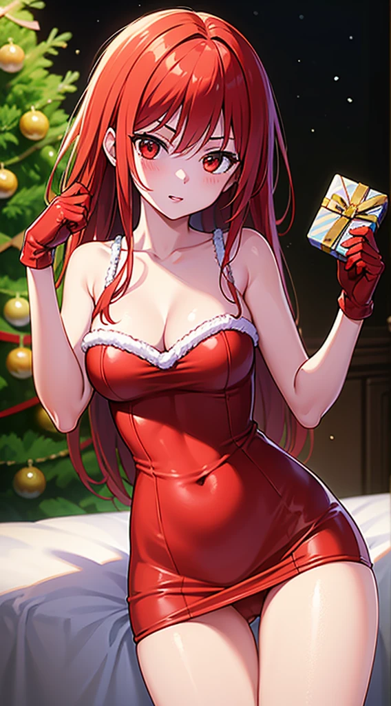 masterpiece, best quality, 1 solo girl, red hair, red eyes, long hair, wavy hair, Christmas ornaments, medium breasts, mature body and face, red christmas dress, christmas, christmas light, christmas tree, red gloves, red santa skirt, holding gift, red bra, red panty, leg up, cowboy shots, sexy pose, dakimakura, detailed body, face, and eyes, sharp focus, vibrant, creative, dynamic, high definition, high resolution, 8k, (Upscale: R-ESRGAN 4x+ Anime6B), (Image enchance:4x), voluptuous body