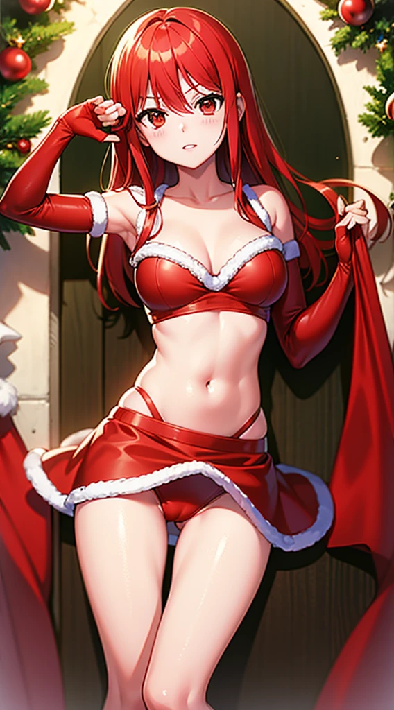 masterpiece, best quality, 1 solo girl, red hair, red eyes, long hair, wavy hair, Christmas ornaments, medium breasts, mature body and face, red christmas dress, christmas, christmas light, christmas tree, red gloves, red santa skirt, holding gift, red bra, red panty, leg up, cowboy shots, sexy pose, dakimakura, detailed body, face, and eyes, sharp focus, vibrant, creative, dynamic, high definition, high resolution, 8k, (Upscale: R-ESRGAN 4x+ Anime6B), (Image enchance:4x), voluptuous body