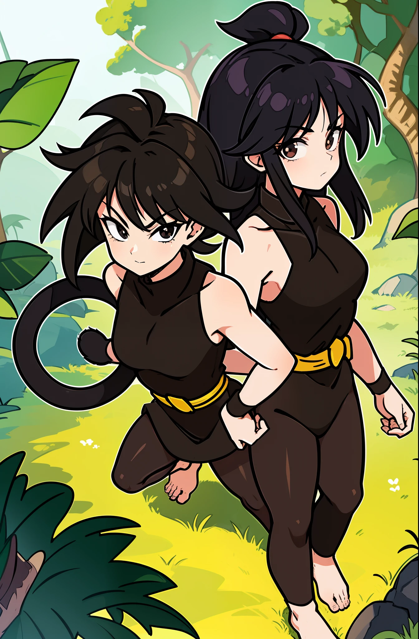 (masterpiece, best quality, detailed face, detailed eyes), black eyes, 1girl, Saiyaness, 1girl, Saiyan monkey tail, black hair, long wild spiky hair, Shoulder less repose gray colored dougi, brown sash belt, very dark brown short tights, very dark brown wrist bands, small tufts of fur on top of feet, barefoot, (side view), Saiyaness, a cartoon character with black hair, lashing Saiyan monkey tail, Saiyaness with a monkey tail, hair tied, long wild spiky hair, hair over shoulders, mane of hair down back, (walking in a jungle like paradise)