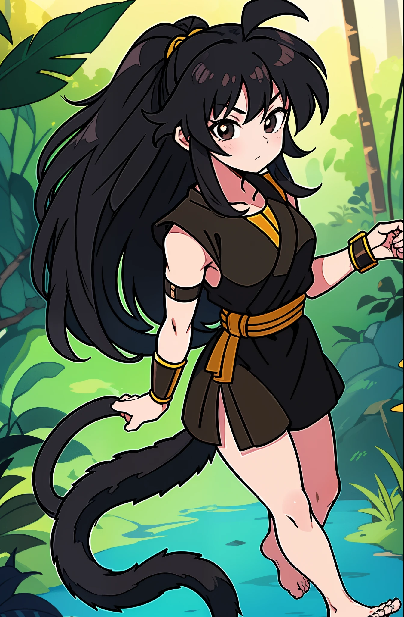 (masterpiece, best quality, detailed face, detailed eyes), black eyes, 1girl, Saiyaness, 1girl, Saiyan monkey tail, black hair, long wild spiky hair, Shoulder less repose gray colored dougi, brown sash belt, very dark brown short tights, very dark brown wrist bands, small tufts of fur on top of feet, barefoot, (side view), Saiyaness, a cartoon character with black hair, lashing Saiyan monkey tail, Saiyaness with a monkey tail, hair tied, long wild spiky hair, hair over shoulders, mane of hair down back, (walking in a jungle like paradise)