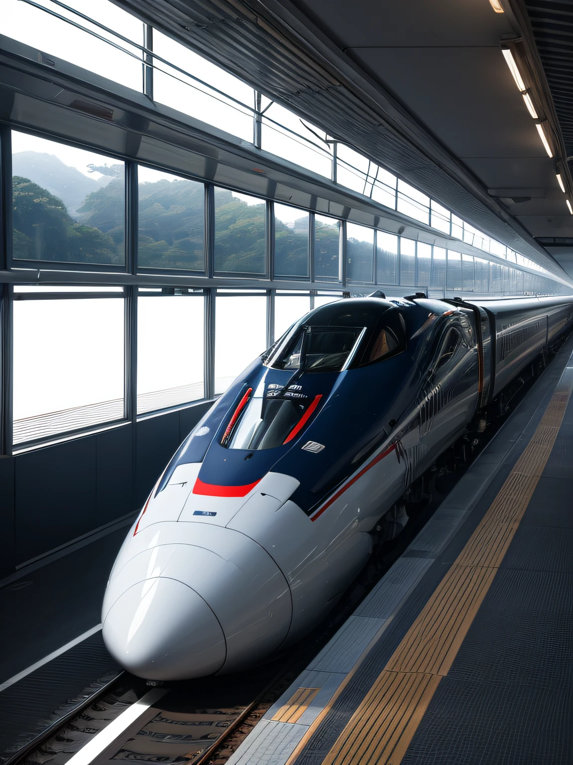 High-speed Shinkansen, 16-car train, made in Japan, futuristic and sophisticated design, traveling through Tokyo, motion blur, (perfect composition), (Masterpiece), (Best Quality), (Ultra high Detailes)