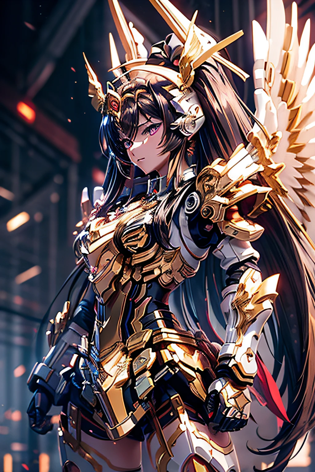 (masterpiece), best quality, expressive eyes, perfect face, 1girl, solo, ishtar, ishtar fate, purple eyes, black hair, Gold hair ribbon, long hair, twintails hair, ribbon, sidelocks, two side up, black thighhighs, Humanoid, Red and White color Armor suit, Valkyrie, Astray Red Frame, Armor chest, safety breast, thighhighs, Bright Sky background, stand, standing, character sheet, upper body, portrait, looking at viewer, Gundam wings, medium breast, Fly high, full body seen