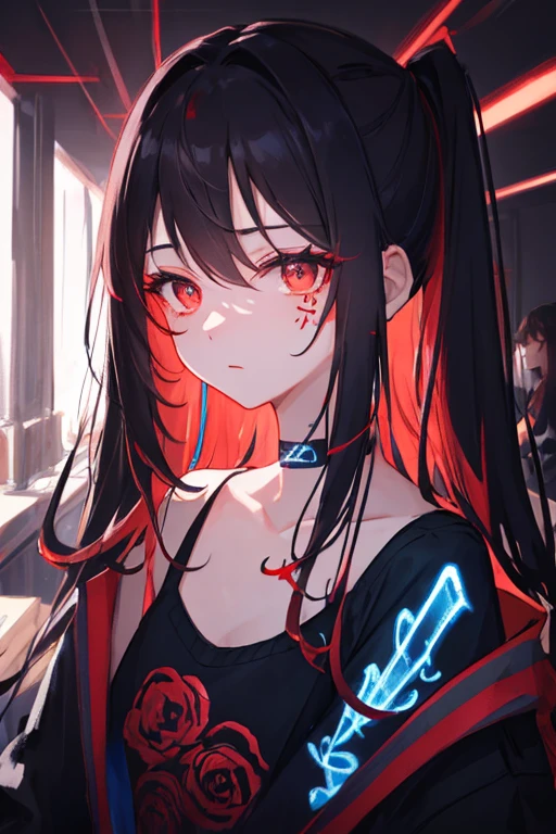 best qualtiy、intricate detailes、chromatic abberation、people are looking to the side、
1girl in、length hair、A dark-haired、hair messy、red highlights、Hair above one eye、delicately drawn red eyes、long eyeslashes、(sharp eye)、
a choker、Neon Shirt、torn legwear、Open jacket、
walls、Concrete walls、(doodle)、Glowing graffiti、glowing tattoo、brilliance、Neon light、
blacklight、