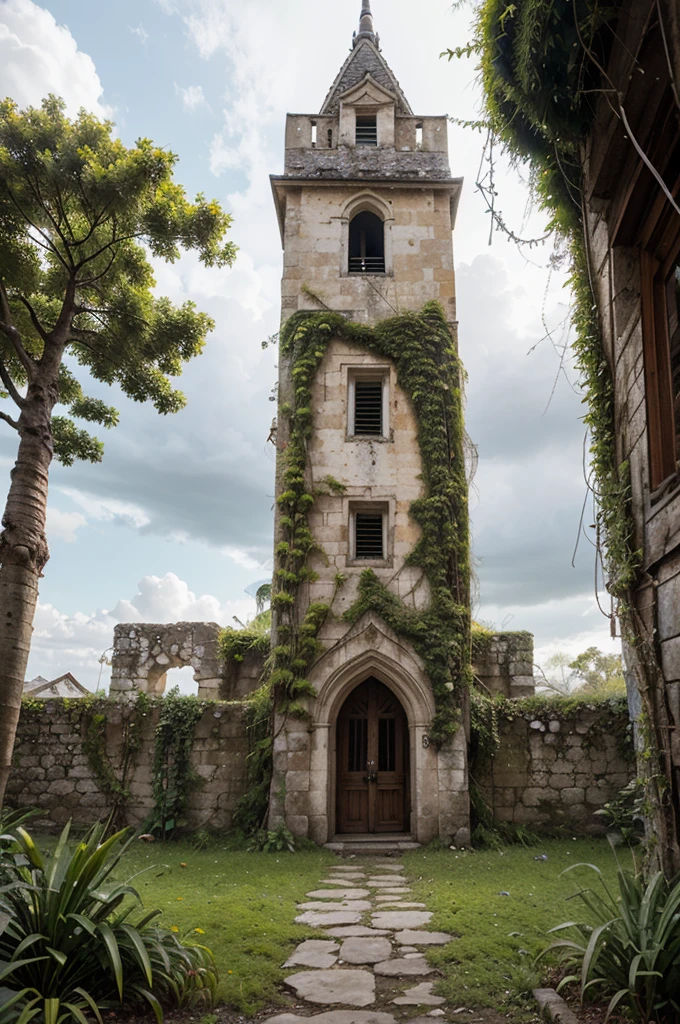 Overgrown Ruins Reclaimed by Magic in the Ancient Jungle:
Location: Within the heart of an ancient, overgrown jungle.
Size: A once-grand tower now partially reclaimed by the jungle's flora.
Colors: Moss-covered stone walls and a roof adorned with vibrant tropical flowers and vines.
Prompt: "Bring to life the enchanting ambiance of a wizard's tower nestled within the ancient jungle. Showcase the tower's overgrown and reclaimed appearance, with moss-covered stone walls and a roof adorned with vibrant tropical flora."