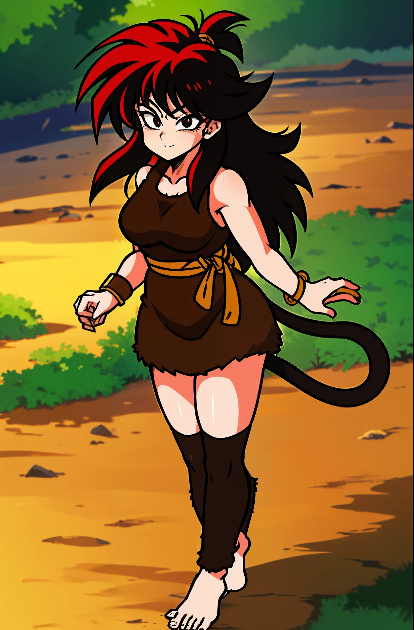 (masterpiece, best quality, detailed face, detailed eyes), black eyes, 1girl, Saiyaness, 1girl, Saiyan monkey tail, black hair, long wild spiky hair, Shoulder less Gi, brown sash belt, very dark brown short tights, very dark brown wrist bands, small tufts of fur on top of feet, barefoot, (side view), Saiyaness, a cartoon character with black hair, lashing Saiyan monkey tail, Saiyaness with a monkey tail, hair tied, long wild spiky hair, hair over shoulders, mane of hair down back, (walking in a jungle like paradise)