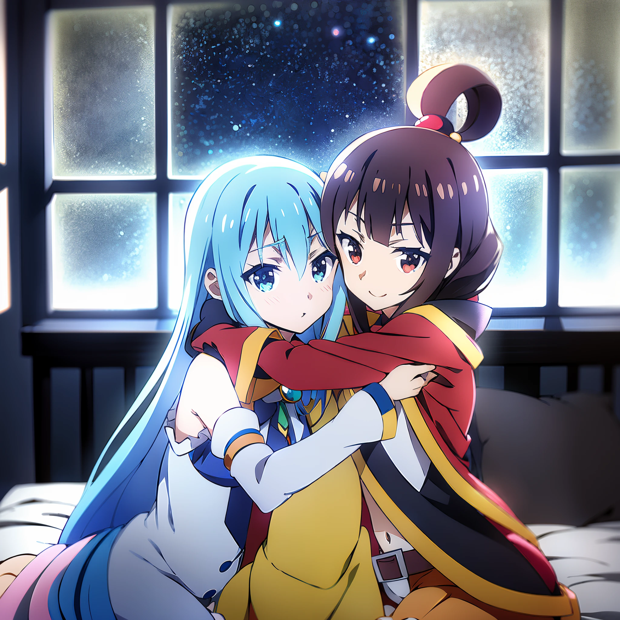 anime characters hugging each other on a bed with a window in the background, night core, duas lindas garotas de anime, Melhor Avaliado em Pixiv, vermelha e azul, azul e vermelha, Aqua Megumin, garotas do anime Konosuba, Pixiv, Estilo anime 4K, Ciano e Magenta, anime moe artstyle, trending on pixiv, Mikudayo