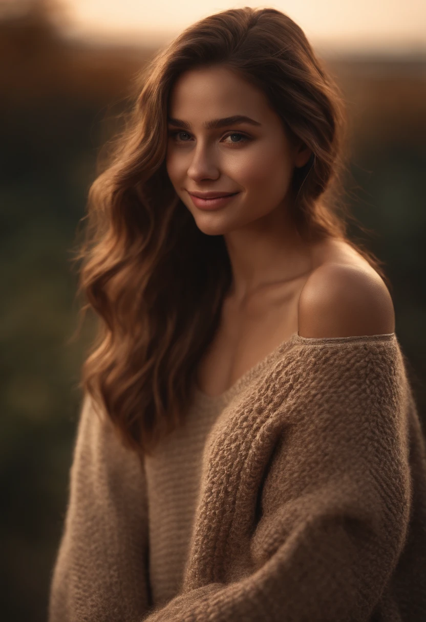 best quality, masterpiece, ultra high res, photorealistic, 1girl, offshoulder, smile, oversized_sweater, soft lighting, detailed skin,brown hair