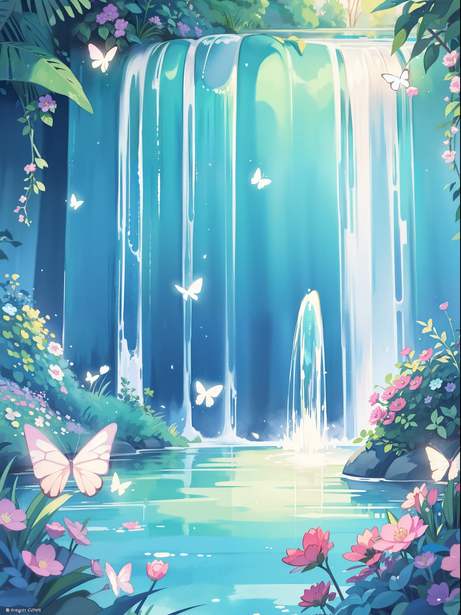 watercolor illustration, vibrant pastel colors, dreamy, colorful, whimsical, magical, masterpiece, best quality, sharp focus, intricately detailed environment, fine detail, 8k resolution, waterfall lagoon, (magical lagoon), (waterfall, lake), (glowing butterflies), beautiful, golden ratio, perfect composition, perfect