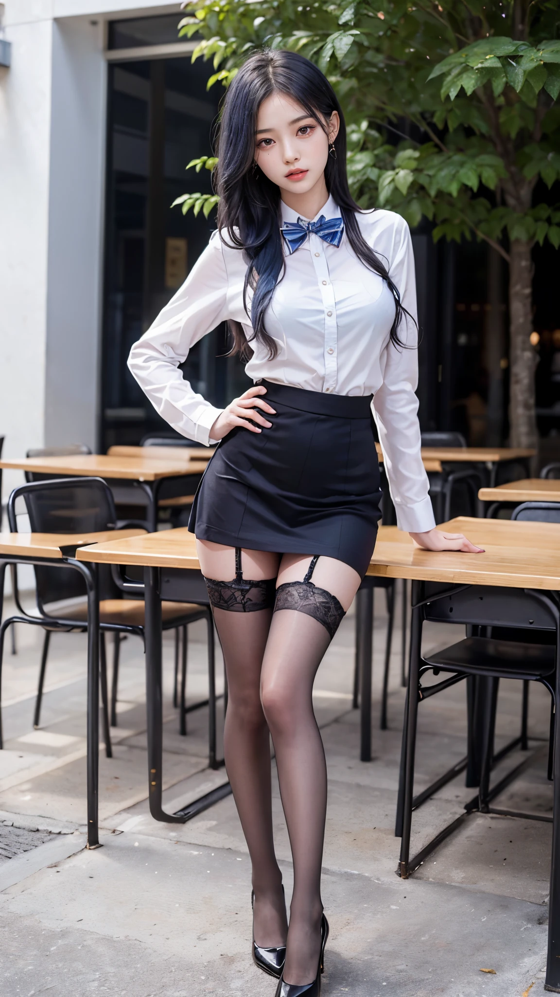 (best qualtiy,4k,tmasterpiece:1.2),Pretty girls,1girll,Grew up sexy.........:1.1,dark blue hair:1.1,Woman in school uniform,Drenched white school uniform,highly detailed face,Detailed lips,A detailed eye,Double eyelidd,Gorgeous miniskirt black stockings,stand up,full bodyesbian