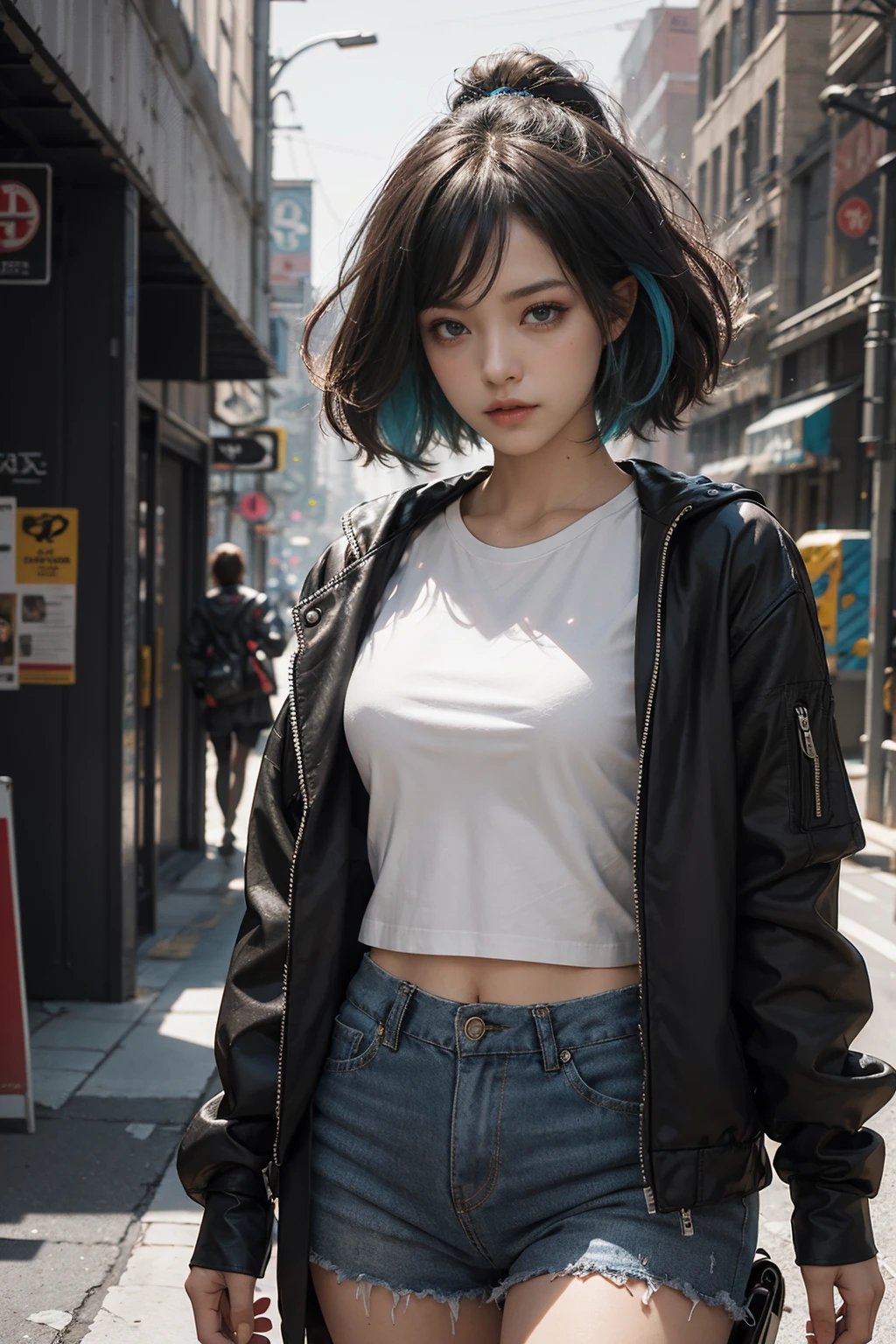 Beautiful photorealistic photograph of a beautiful girl in a tech jacket (white t-shirt) and a variety of cyberpunk clothing and paraphernalia, colourful cyberpunk hairstyle, dynamic pose, cyberpunk street background, perfect proportions, abstract beauty, approaching perfection, pure form, concept art, by Brian Froud and Carne Griffiths and Wadim Kashin and John William Waterhouse, intricate detail, 8k post production, high resolution, hyper detailed, trend in artstation, sharp focus, studio photo, intricate detail, highly detailed