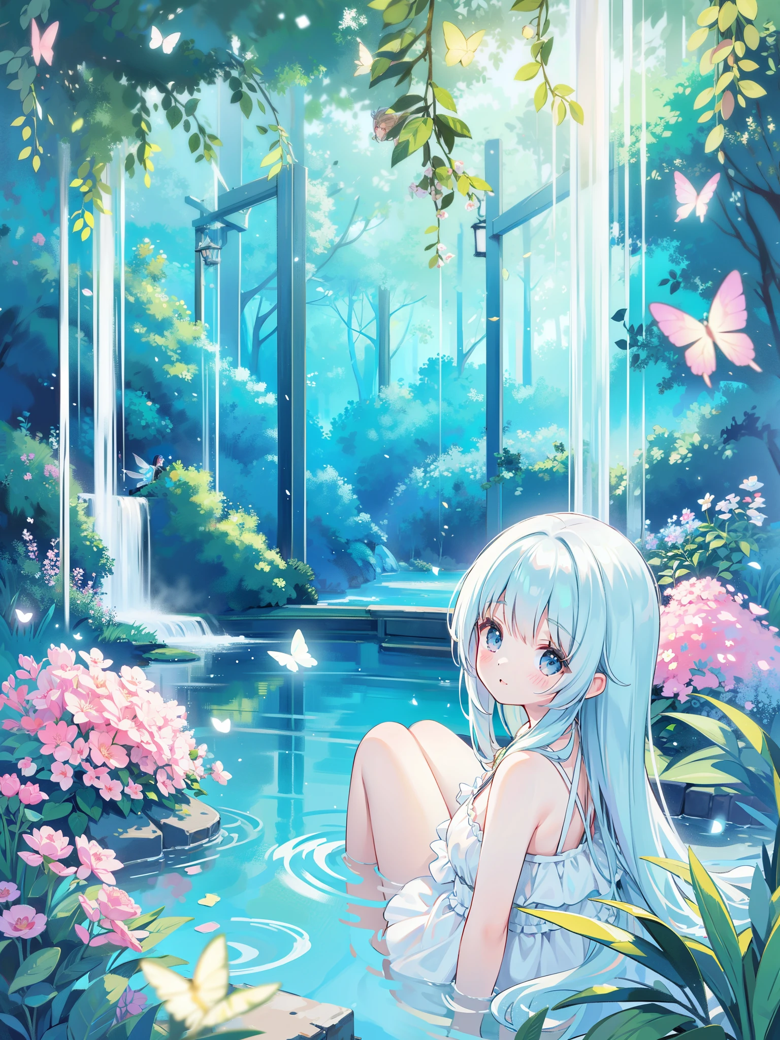 beautiful girl sitting in the water, fairy dress, masterpiece, best quality, sharp focus, intricate details, golden ratio, beautiful face, 8k resolution, (((masterpiece))), flowing layered sheer dress