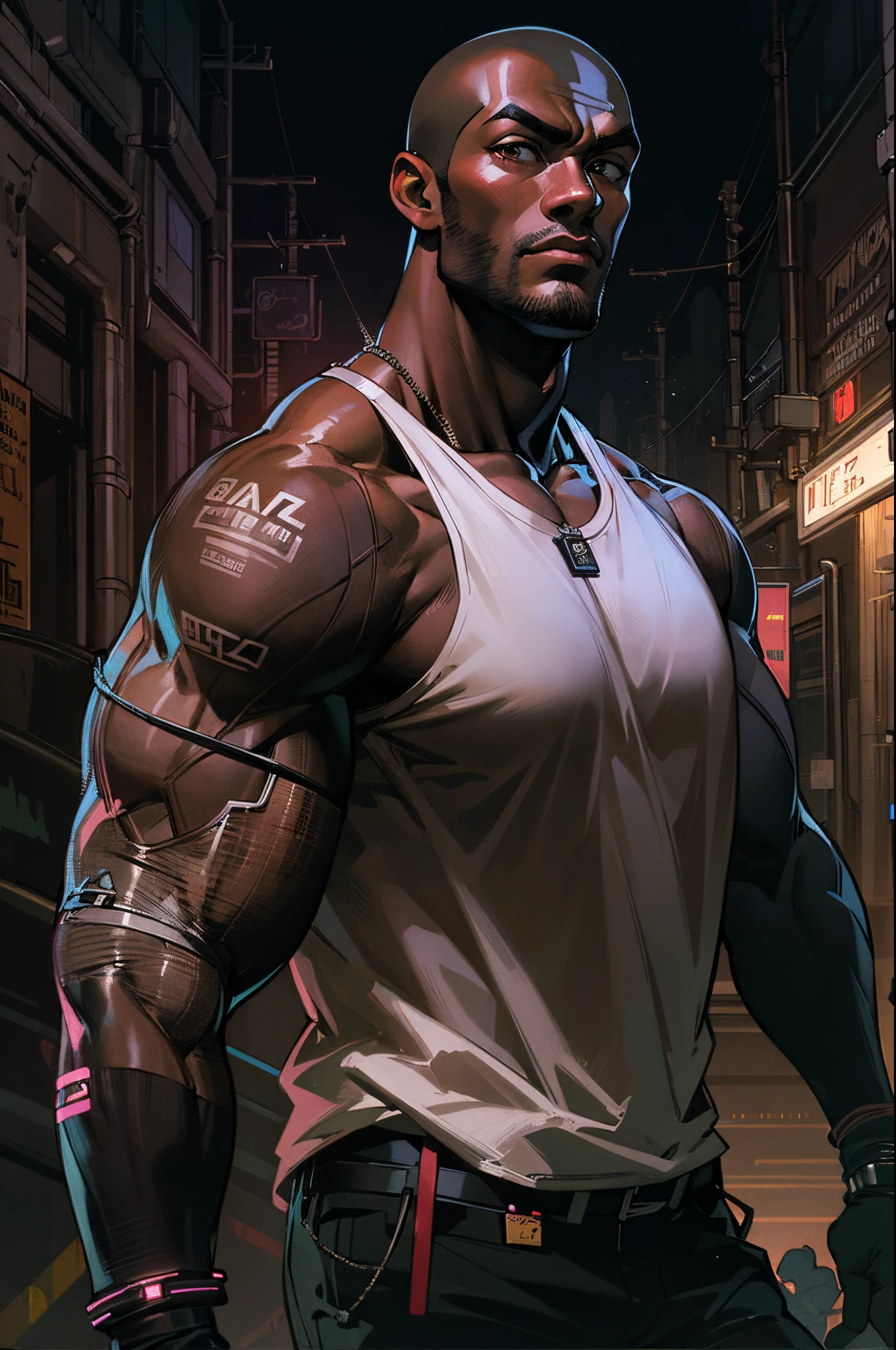big black man 28 years (Aldis Hodge pov), tall and very and very muscular, bald, super detail eyes, brown eyes, handsome, rapper style, cyberpunk clothes, white t-shirt, cibernetic accessories, military black pants, arm tattoos, backlight, night, neon, steam sewer, Cyberpunk nighttime scenarium, cyber theme