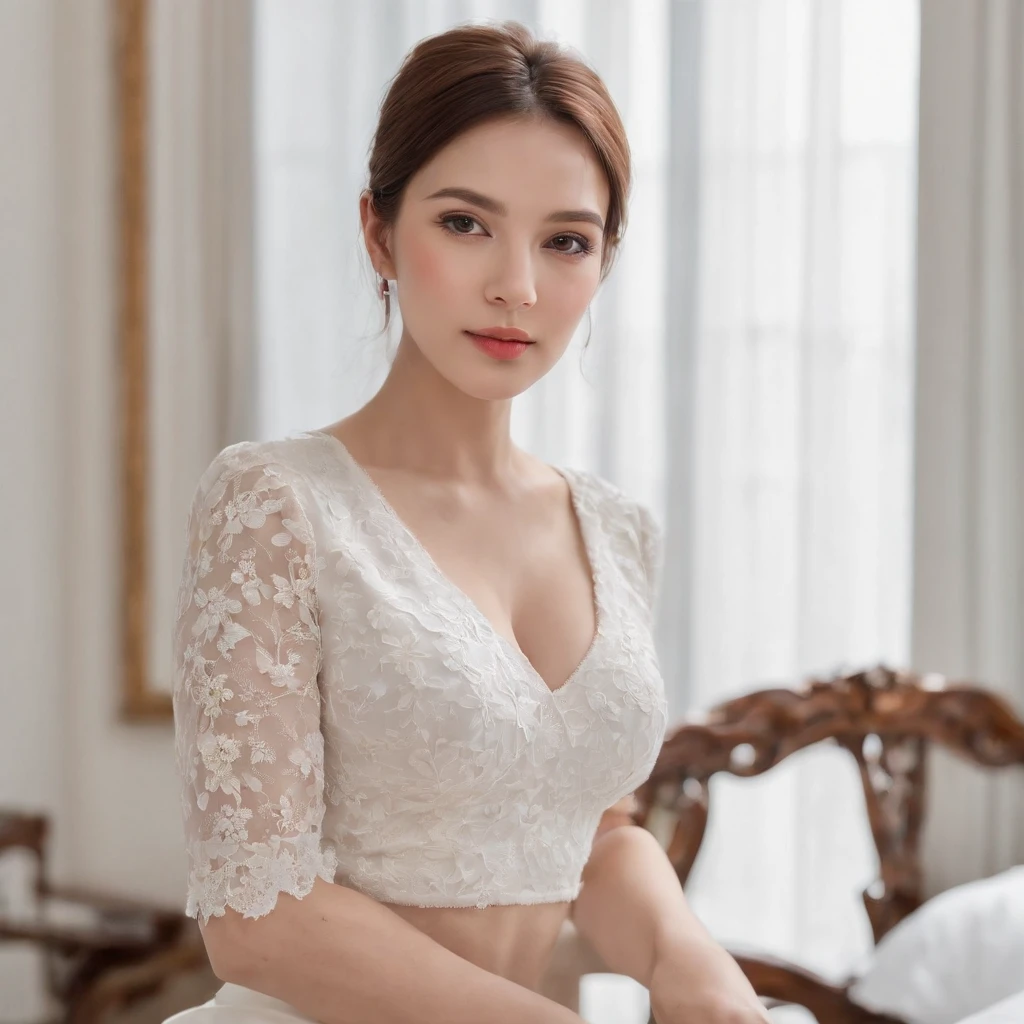 high-definition photograph,macro shot,close up photograph,电影灯光,horizontal angle panoramic angle,Real selfies,46-year-old female model standing elegantly in front of the conference table:1.2,Professional female image,Wearing a sexy white T-shirt with a colorful floral pattern:1.2,Two large rectangular gold earrings, Full body close-up in white short skirt:1.2,Seductive eyes,face flushed,The face is a little red,A shy look,Close-up photo of the bust:1.2,A plump chest,sexy boobs:1.1,Stand by the bed,Elegant white legs,Elegant and seductive posture:1.3Standing at the conference table,delicate skin,gentlesoftlighting,HD picture,extremly high detail,High-class charm,Fuji Film,ultra-realistic realism,8K high-definition,Super stunning。