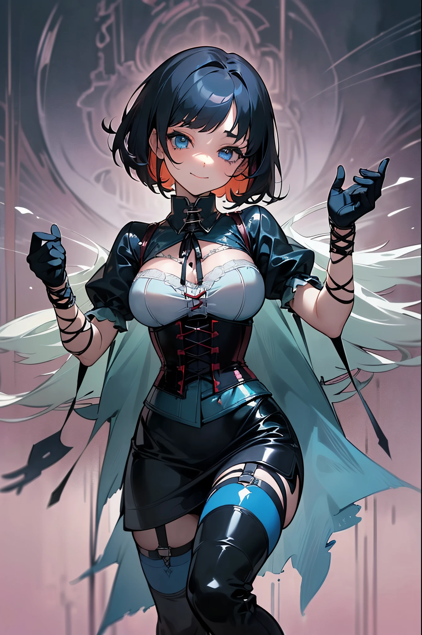 one gothic maiden anime young girl, dark blue haired, on-eyebrow bangs, bob cut hair, (Sanpaku blue eyes:1.3), unpleasant smile, perfect anatomy, (black dress in gothic style with detaild lacework and flowing layers:1.5), (black latex gloves:1.2), (lace-up boots:1.2), (corset:1.5).