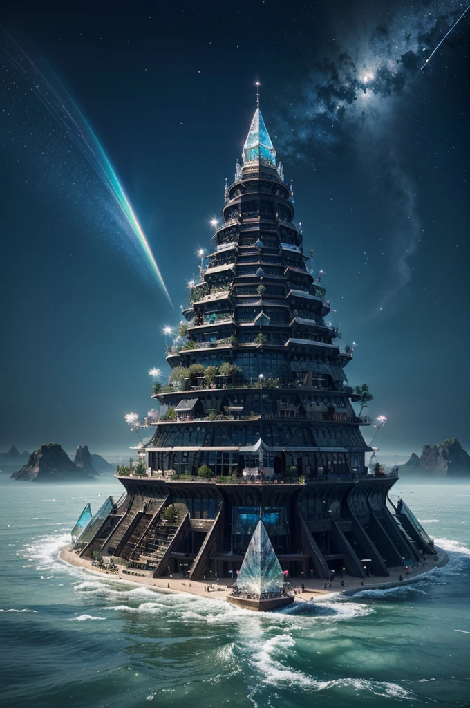 Crystalline Observatory on the Floating Islands:
Location: Atop floating islands in the sky, each supported by magical crystals.
Size: A network of smaller crystalline towers connected by floating bridges.
Colors: Translucent crystal walls with a spectrum of colors, and a roof made of interconnected crystal shards.
Prompt: "Imagine a breathtaking scene featuring a wizard's crystalline observatory on floating islands. Highlight the interconnected network of crystal towers, with walls emitting a radiant spectrum of colors and a roof made of shimmering crystal shards."
