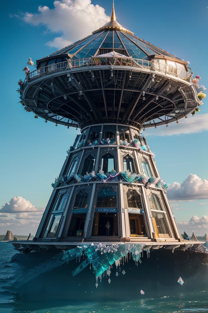 Crystalline Observatory on the Floating Islands:

    Location: Atop floating islands in the sky, each supported by magical crystals.
    Size: A network of smaller crystalline towers connected by floating bridges.
    Colors: Translucent crystal walls with a spectrum of colors, and a roof made of interconnected crystal shards.
    Prompt: "Imagine a breathtaking scene featuring a wizard's crystalline observatory on floating islands. Highlight the interconnected network of crystal towers, with walls emitting a radiant spectrum of colors and a roof made of shimmering crystal shards."