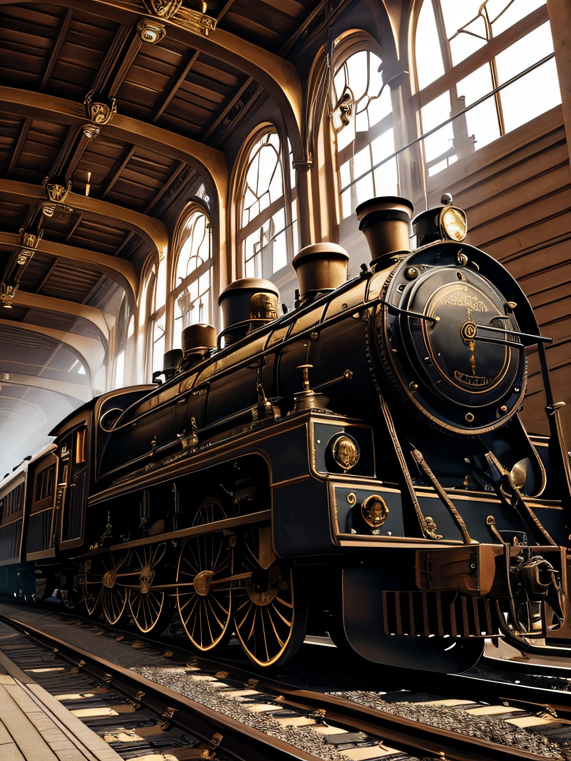 steampunk style train, (perfect composition), (Masterpiece), (Best Quality), (Ultra high Detailes)