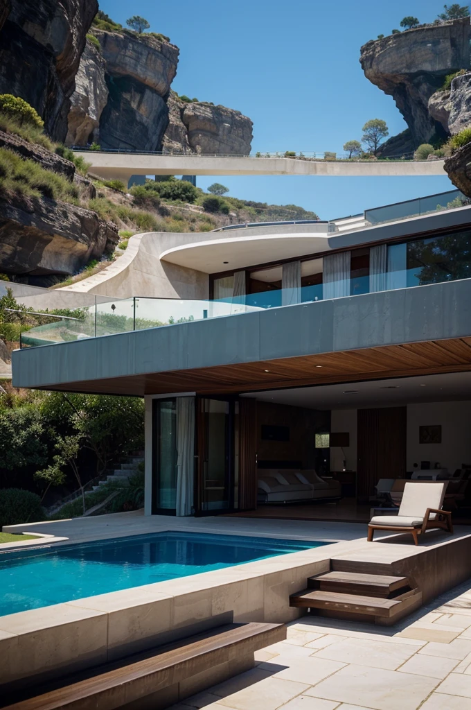 make the most beautiful futuristic villa with pools and luxury cars, Next to a cliff