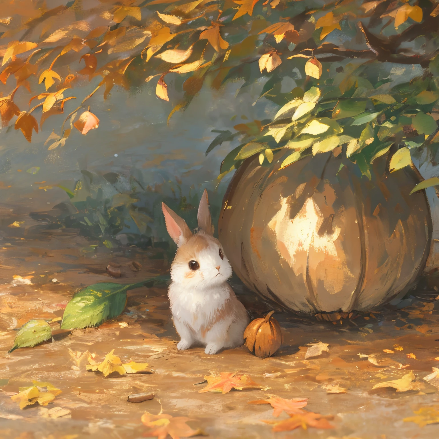 Tiere、small rabbit、acorn,  Autumn landscape、No humans、Background with、pastels, fluffly