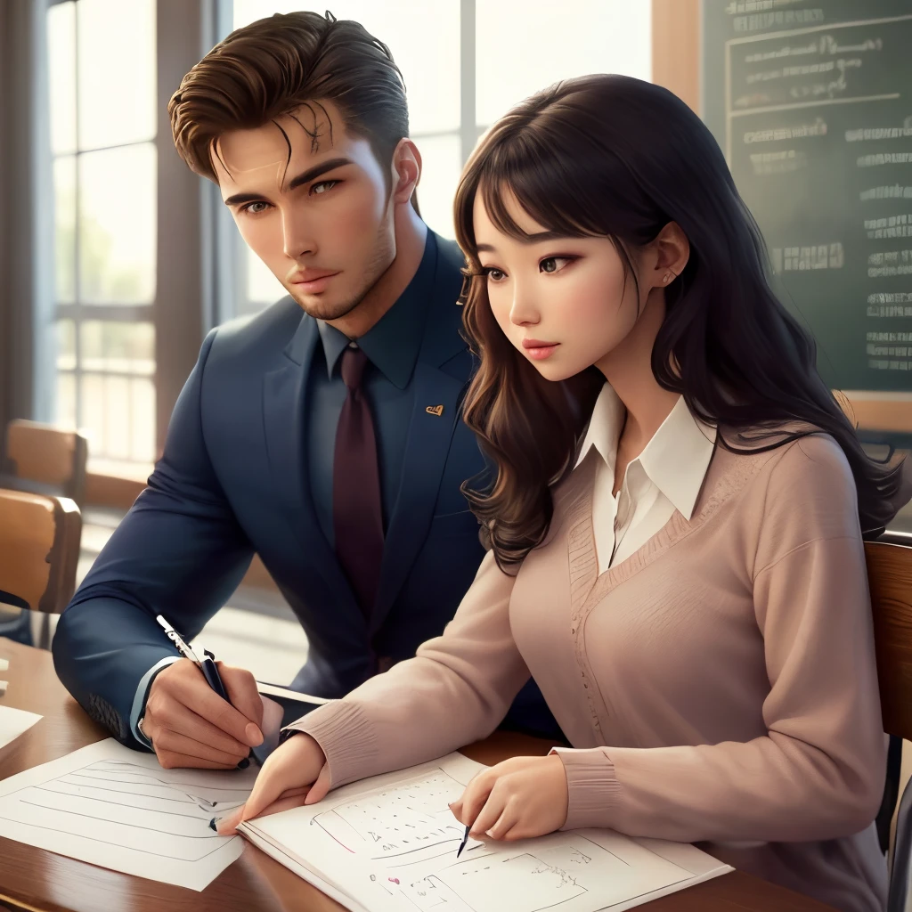 Arafed image of a man and woman sitting at a table writing - SeaArt AI
