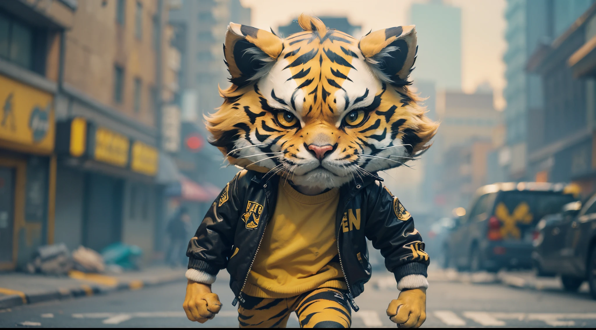 Angry Cartoon tiger with black and yellow jacket playing soccer in cyberpunk city street, dramatic effect, smoke effect, style raw, pastel color grading, Super 8mm lense, Extreme close-up, Deep Focus cinematography effect, high quality, ultra detail, 8k