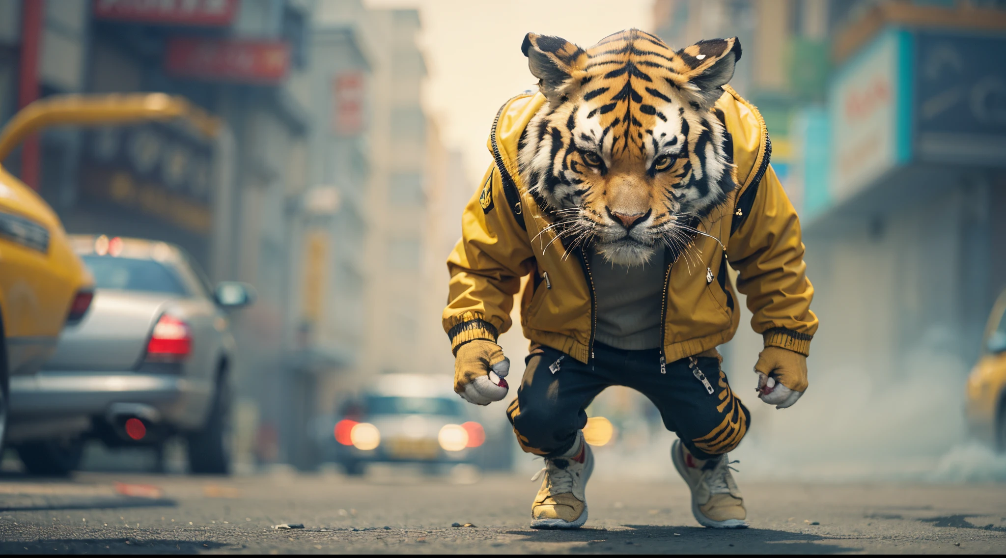 Angry Cartoon tiger with black and yellow jacket playing soccer in cyberpunk city street, dramatic effect, smoke effect, style raw, pastel color grading, Super 8mm lense, Extreme close-up, Deep Focus cinematography effect, high quality, ultra detail, 8k