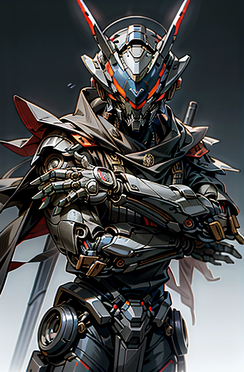 Fantasy cyberpunk world,1 Mechanical Miracle,Robots defend world order;Samurai mechanical armor,Equipped with clear weapons,Streamlined black and red design,wearing in black cloak,A great part of 1 person robot,Art of the highest quality,8K ultra-high resolution,动态照明,Cinematic splendor,vivd colour,Robot dragon,infallible。