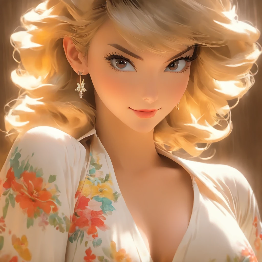 high-definition photograph,macro shot,close up photograph,电影灯光,horizontal angle panoramic angle,Real selfies,46-year-old female model standing elegantly in front of the conference table:1.2,Professional female image,Wearing a sexy white T-shirt with a colorful floral pattern:1.2,Two large rectangular gold earrings, Full body close-up in white short skirt:1.2,Seductive eye,face flushed,The face is a little red,A shy look,Bust close-up photo:1.2,A plump chest,sexy boobs:1.1,Stand by the bed,Elegant white legs,Elegant and seductive posture:1.3Standing at the conference table,delicate skin,gentlesoftlighting,HD picture,extremly high detail,High-class charm,Fuji Film,ultra-realistic realism,8K high-definition,Super stunning。