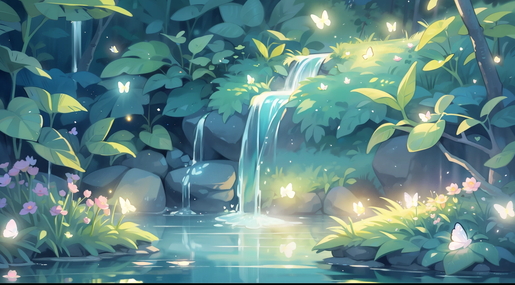 picture book illustration, watercolor storybook illustration, vibrant pastel colors, dreamy, colorful, whimsical, magical, masterpiece, best quality, sharp focus, intricately detailed environment, fine detail, 8k resolution, waterfall lagoon, (magical lagoon), (waterfall, lake), (glowing lights, fireflies, glowing butterflies