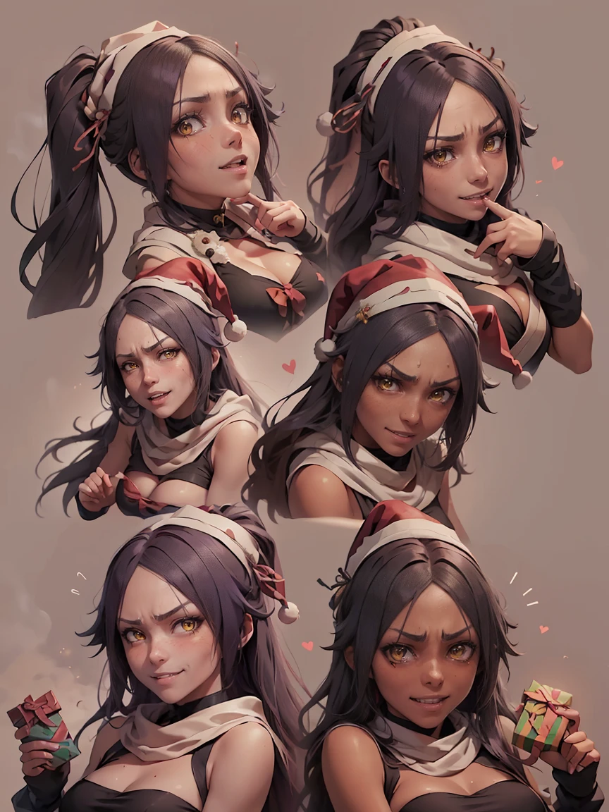 (master piece: 1.1), (shihouin yoruichi), chibi, multiples, 9 emojis, 9 poses and expressions, (multiple expressions), high detailed face, (detailed yellow eyes), (dark skin), skin brown, purple hair, long hair, anime style, (happy, smiling, angry, embarassed, shy), (christmas costumes), (christmas costumes), christmas clothes, (wearing santa hat), (simple gray background)