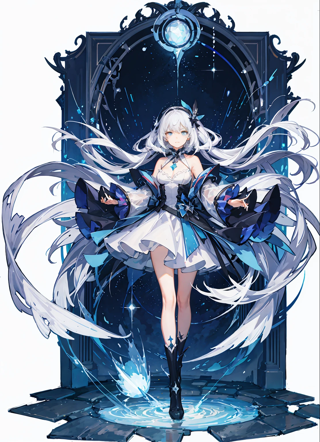 ((magical little girl)), ((Gorgeous starry sky background)), ((Ultra-detailed)), ((Best Illustration)), ((Cinematic lighting)), Dynamic Angle, floating, Finely detailed, (glitters:1.2), (spark of light:1.2), (shine:1.2), Classic, (Painting:1.1), (sketch:1.1), (Best Quality), (masutepiece:1.2), (Anime style), (Solo), beautifull detailed face, (Cute face:1.3), (Big eyes:1.3), Colorful hair, (Long hair:1.2), (Floating hair:1.2), (Magical Girl Costume), delicate white clothes, (Sparkling Wand:1.3), (magical effect:1.3), (flowing skirt:1.2), (Cute boots:1.1), (Transparent fabric:1.5), (Twinkle:1.2), (Glow:1.2), (brilliance:1.2), (flicker:1.2), (glare:1.2)