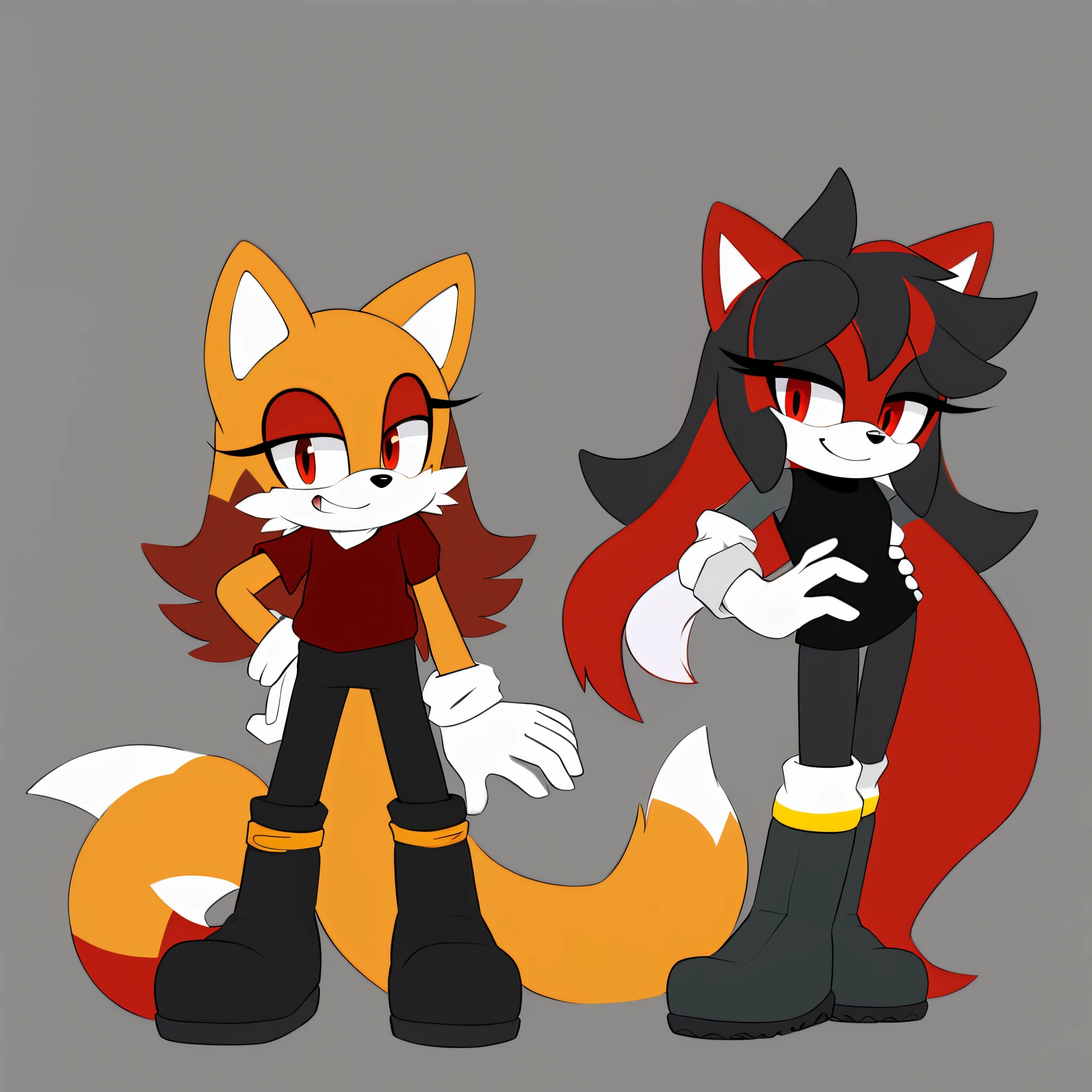 1girl, female, mobian, fox, grayish white fur, gorgeous werefox fursona, furry, leaning forward with one hand on hip, female anthropomorphic fox, sassy pose, comfy red shirt with black sleeves, comfy black leggings, clean cel shaded, long hair, hair over shoulders, black red and yellow boots, white gloves with yellow cuffs, red eyes, cat like muzzle, hair bangs, red eyes, smile, sleepy, comfy, looking at viewer