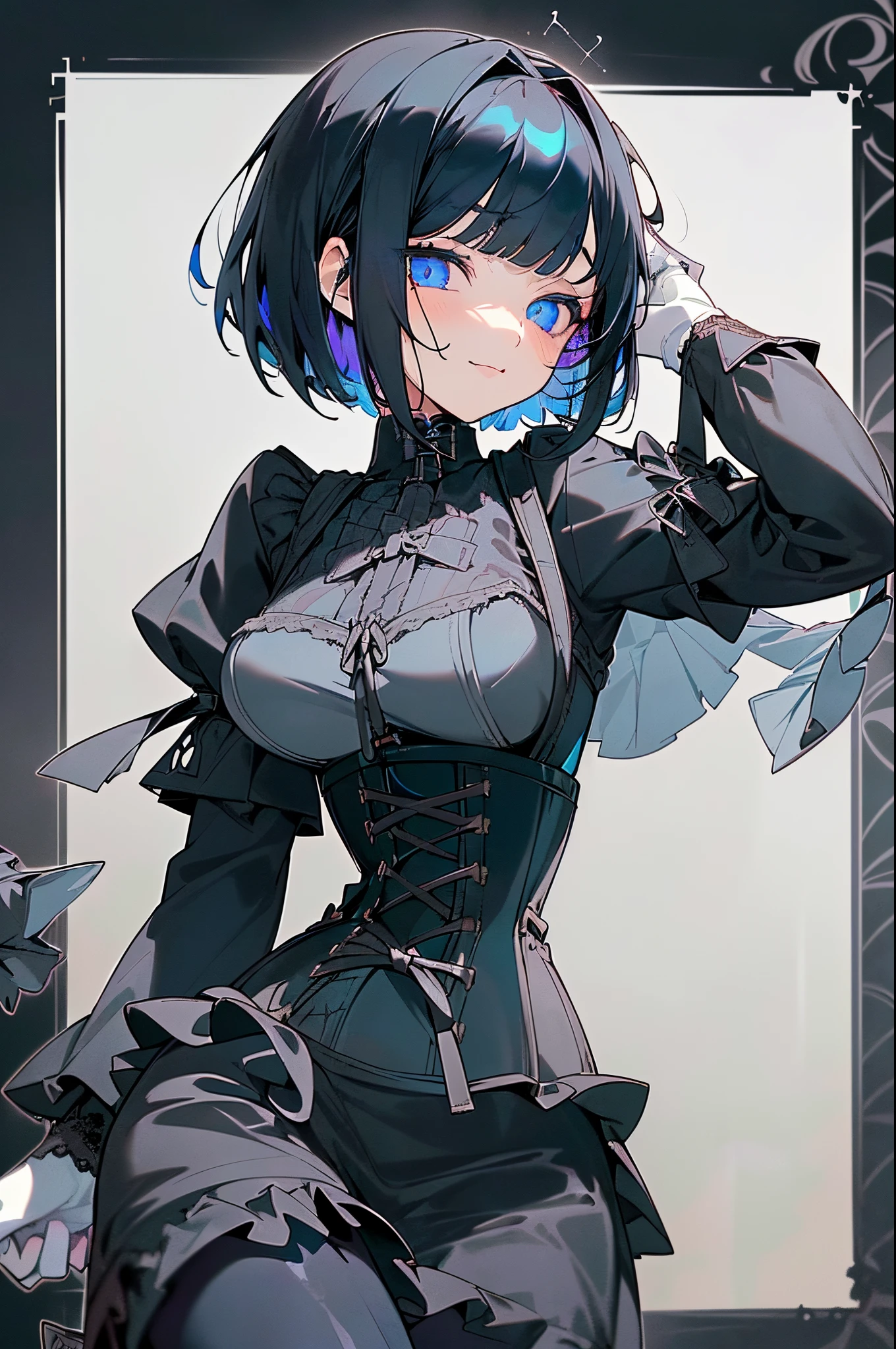 one gothic maiden anime young girl, solo, dark blue haired, on-eyebrow bangs, bob cut hair, (Sanpaku blue eyes:1.3), unpleasant smile, perfect anatomy, (black dress in gothic style with detaild lacework and flowing layers:1.5), (black latex gloves:1.2), (lace-up boots:1.2), (corset:1.5), (White background:1.5).