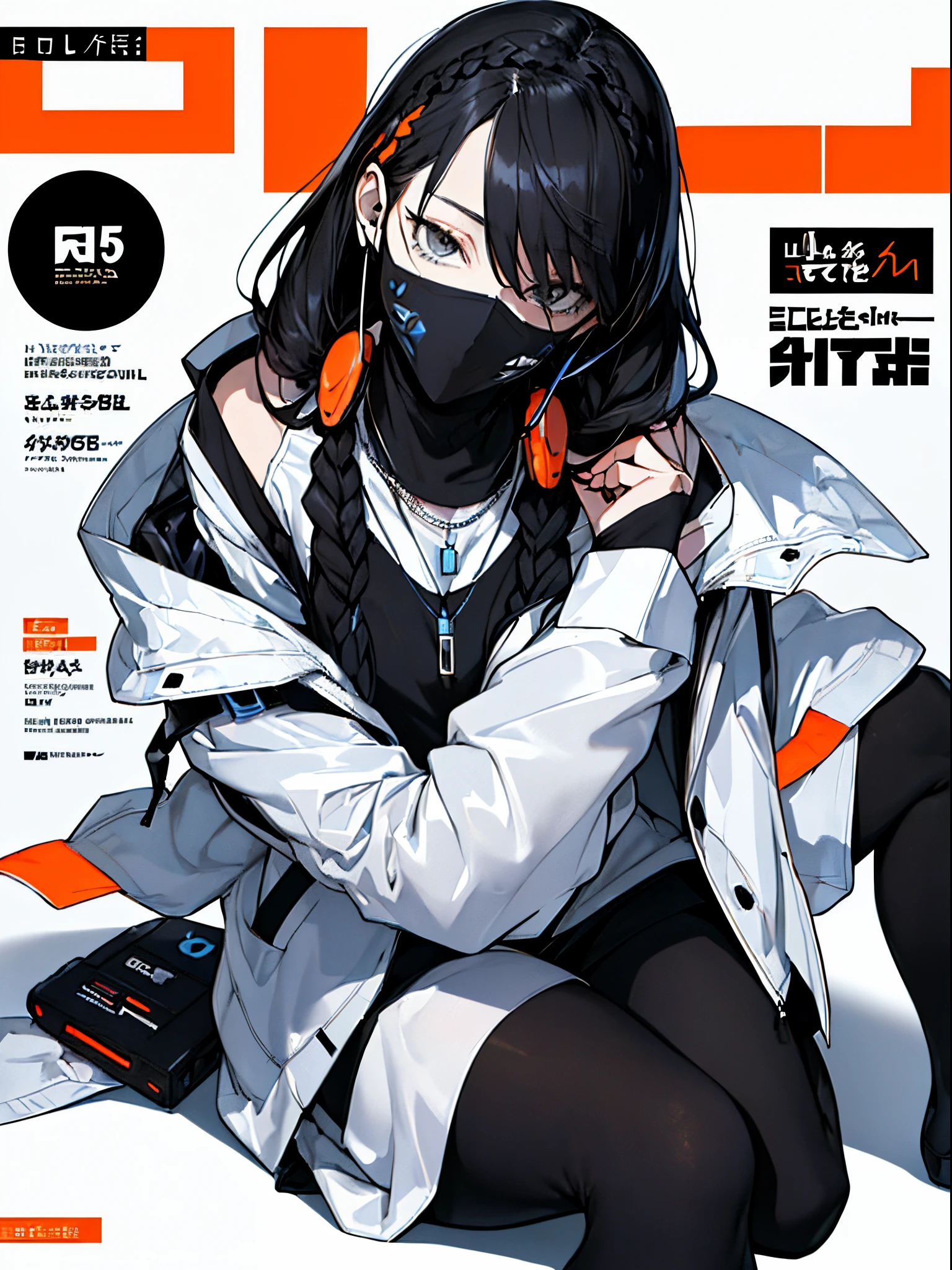 (magazine cover:1.3),ulzzang-6500, (realistic: 1.3) (original: 1.2), masterpiece, best quality, beautiful clean face, fullbody, 1woman, (wearing black and white and cobalt scifi techmask and headphones with complex electronics), wearing black techwear jacket and orange trousers with buckle and tape, (crystal necklace), posing for a picture, (white braided bun hair),