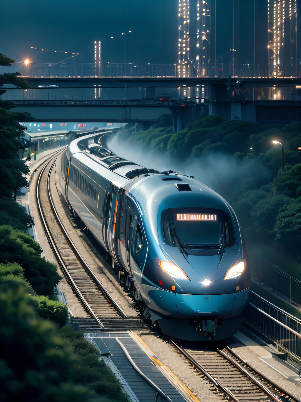 High-speed Shinkansen, Train with LED lights, 16-car train, made in Japan, futuristic and sophisticated design, traveling through Tokyo, motion blur, (perfect composition), (Masterpiece), (Best Quality), (Ultra high Detailes)