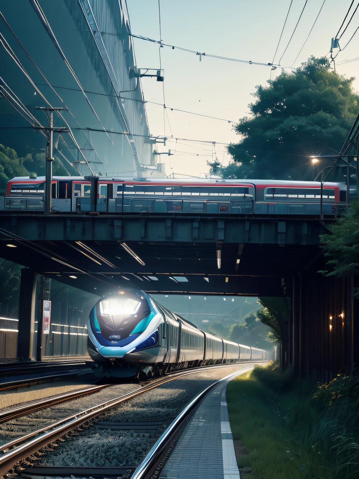 High-speed Shinkansen, Train with LED lights, 16-car train, made in Japan, futuristic and sophisticated design, Running on elevated railway lines in Tokyo, motion blur, (perfect composition), (Masterpiece), (Best Quality), (Ultra high Detailes)