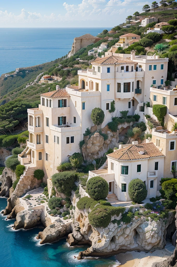 Cliffside Mediterranean Villa in the Coastal Biome:
Location: Perched on a rocky cliff overlooking the Mediterranean Sea.
Size: A spacious villa with multiple terraces cascading down the cliffside.
Color: Whitewashed walls with azure blue accents, blending seamlessly with the sea.
Material: Traditional stucco construction with terracotta roof tiles.