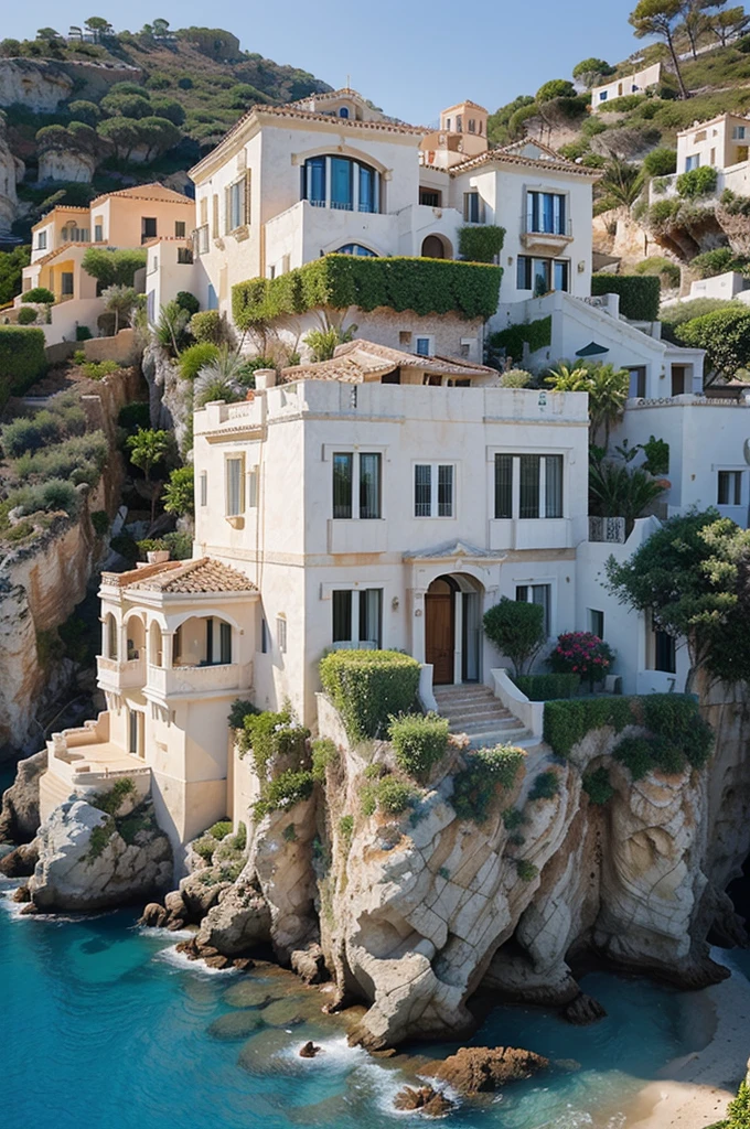 Cliffside Mediterranean Villa in the Coastal Biome:

    Location: Perched on a rocky cliff overlooking the Mediterranean Sea.
    Size: A spacious villa with multiple terraces cascading down the cliffside.
    Color: Whitewashed walls with azure blue accents, blending seamlessly with the sea.
    Material: Traditional stucco construction with terracotta roof tiles.