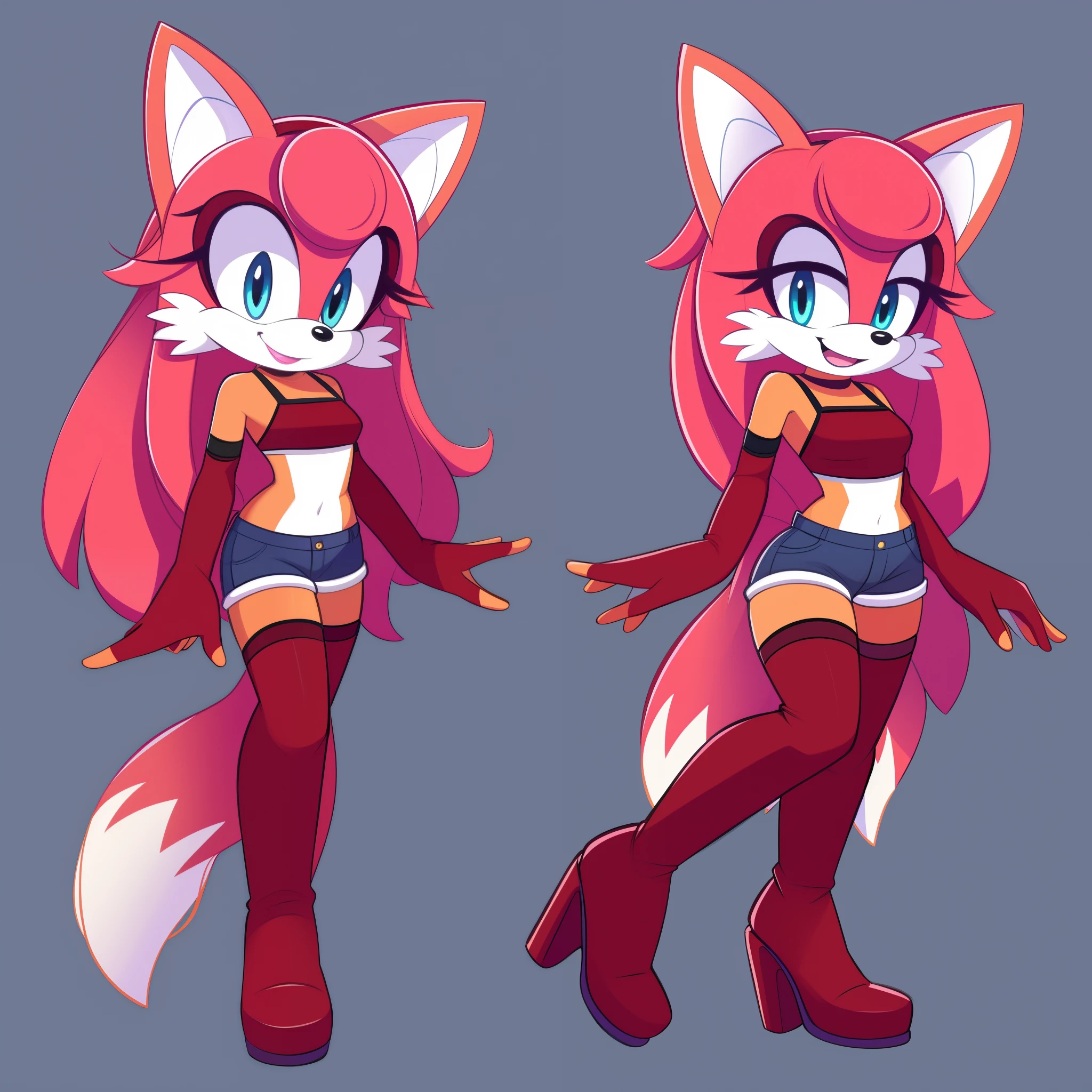 1girl, mobian, pink hair, full body, cyan eyes, hedgehog girl, long hair, pink fox like tails, gorgeous werefox fursona, thigh highs, high heels, boots, low cut cropped tube top, standing on one leg, looking at viewer, smile, makeup