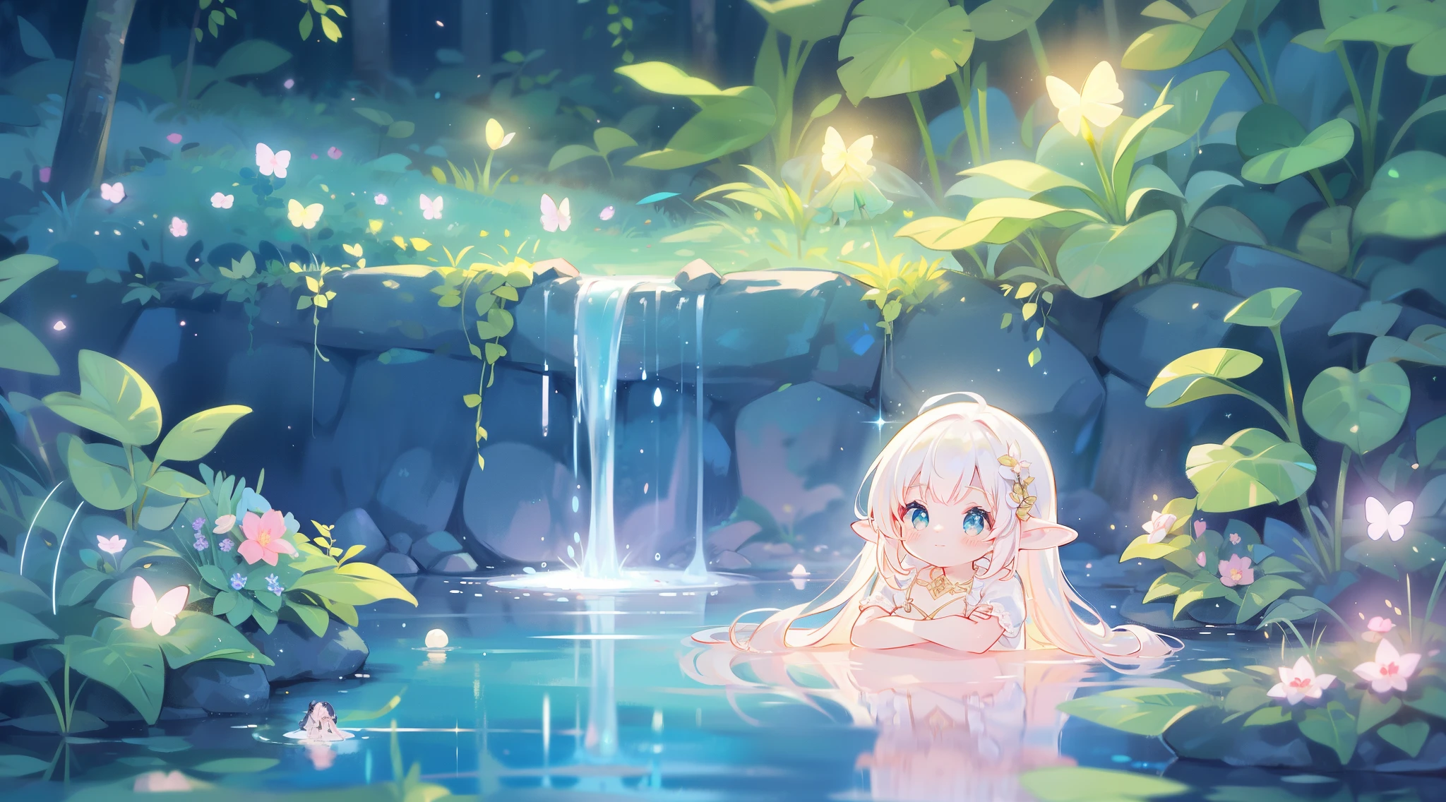 beautiful glowing fairy girl in the water, masterpiece, best quality, fairy dress, sparkling, glowing aura, sharp focus, intricate details, beautiful face, golden ratio, beautiful, perfect