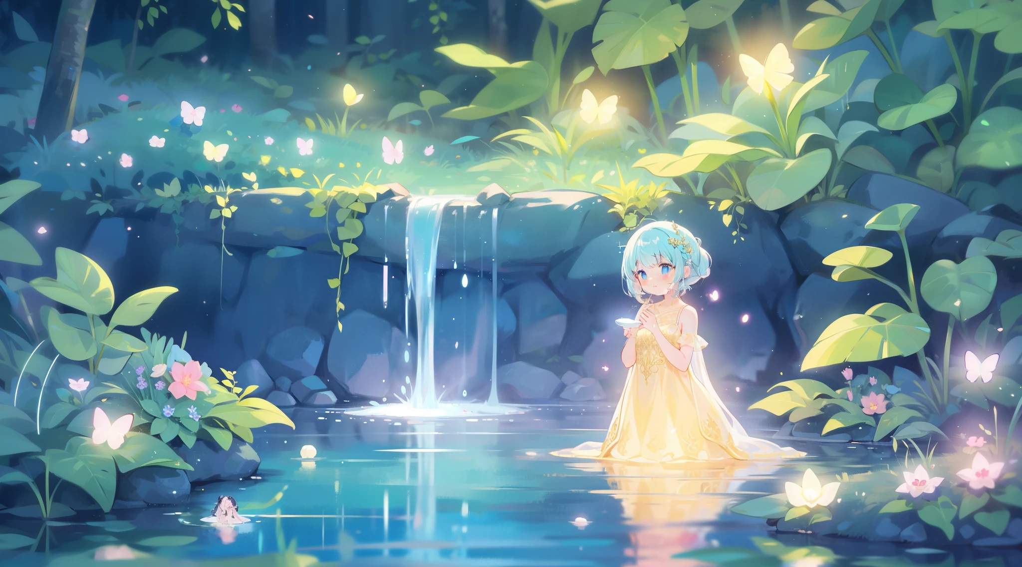 beautiful glowing fairy girl in the water, masterpiece, best quality, fairy dress, sparkling, glowing aura, sharp focus, intricate details, beautiful face, golden ratio, beautiful, perfect