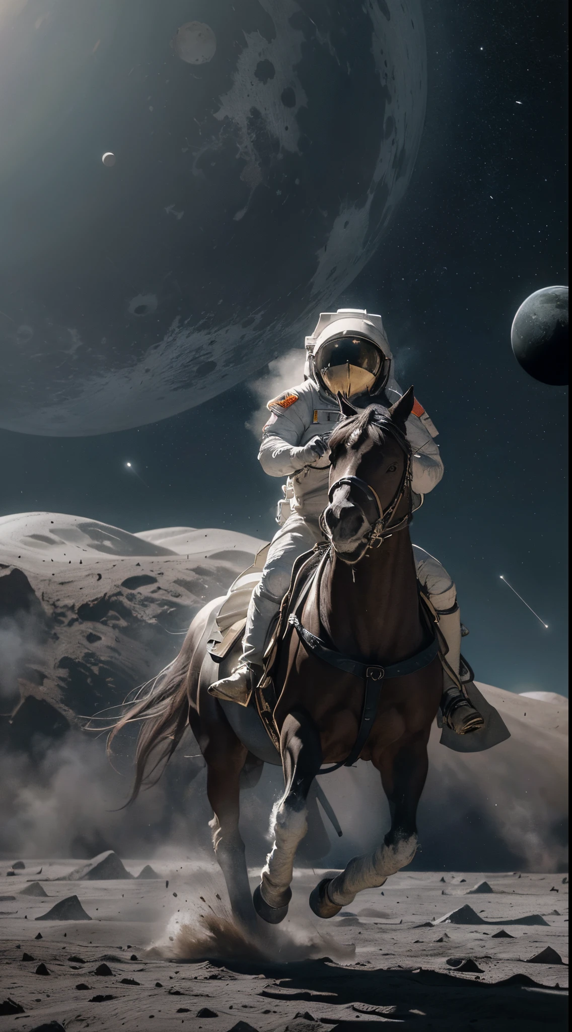 cinematic shot of astronaut on a horse floating on the moon, horse in rearing pose while floating, low gravity, a lot of moon dust, planet earth in background, 14mm, Wide Angle and Tracking Shots, Long Takes, Desaturated color grading, depth of field, dark western style, high quality, ultra detailed, 8k resolution,