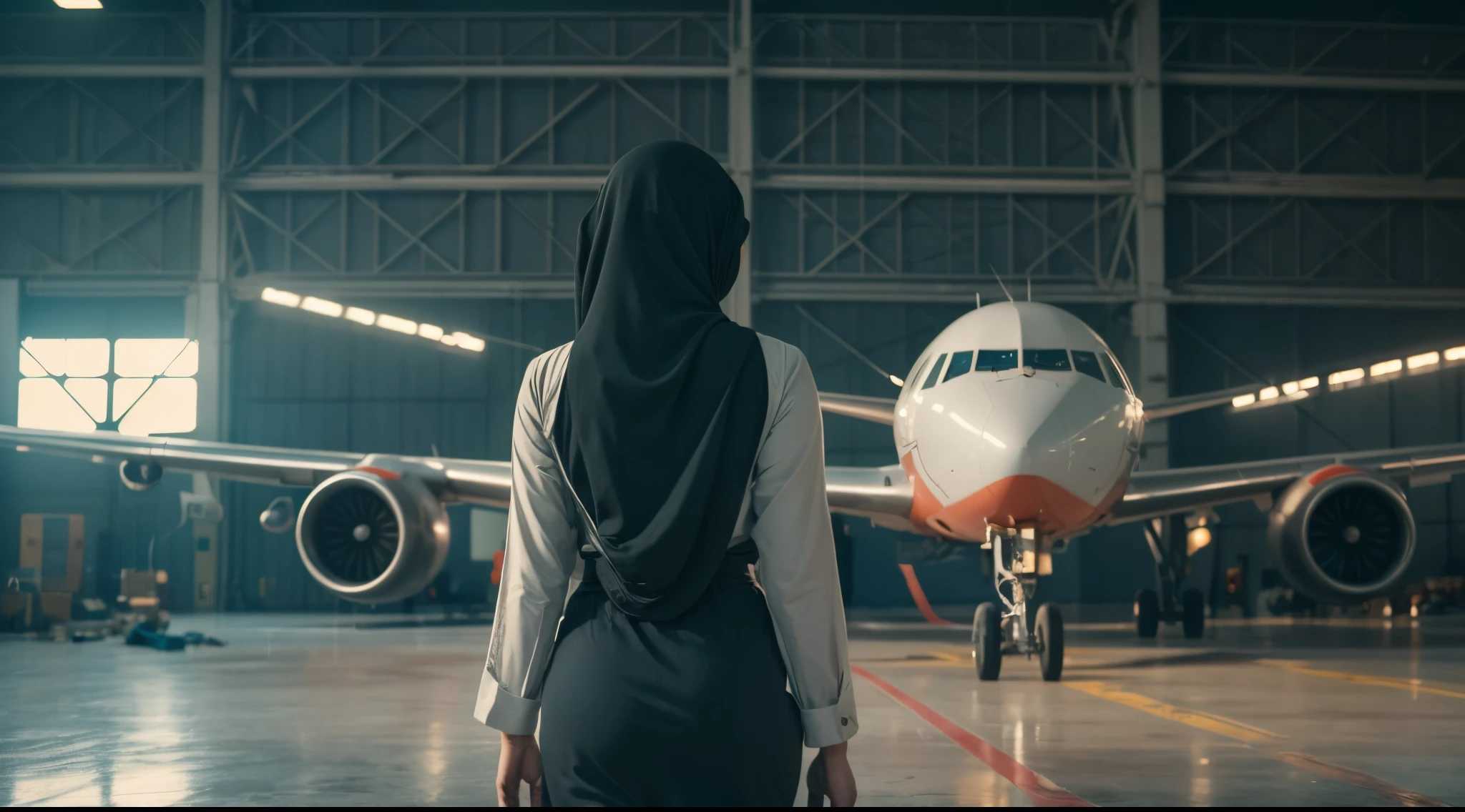 young female malay mechanic in hijab, walking towards air plane in hall, filmed from the back, looking back at viewer, cinematic, sony 50mm 4.8, cinematic, hyperrealistic, 4K, cool-toned color grading, depth of field, film noir,